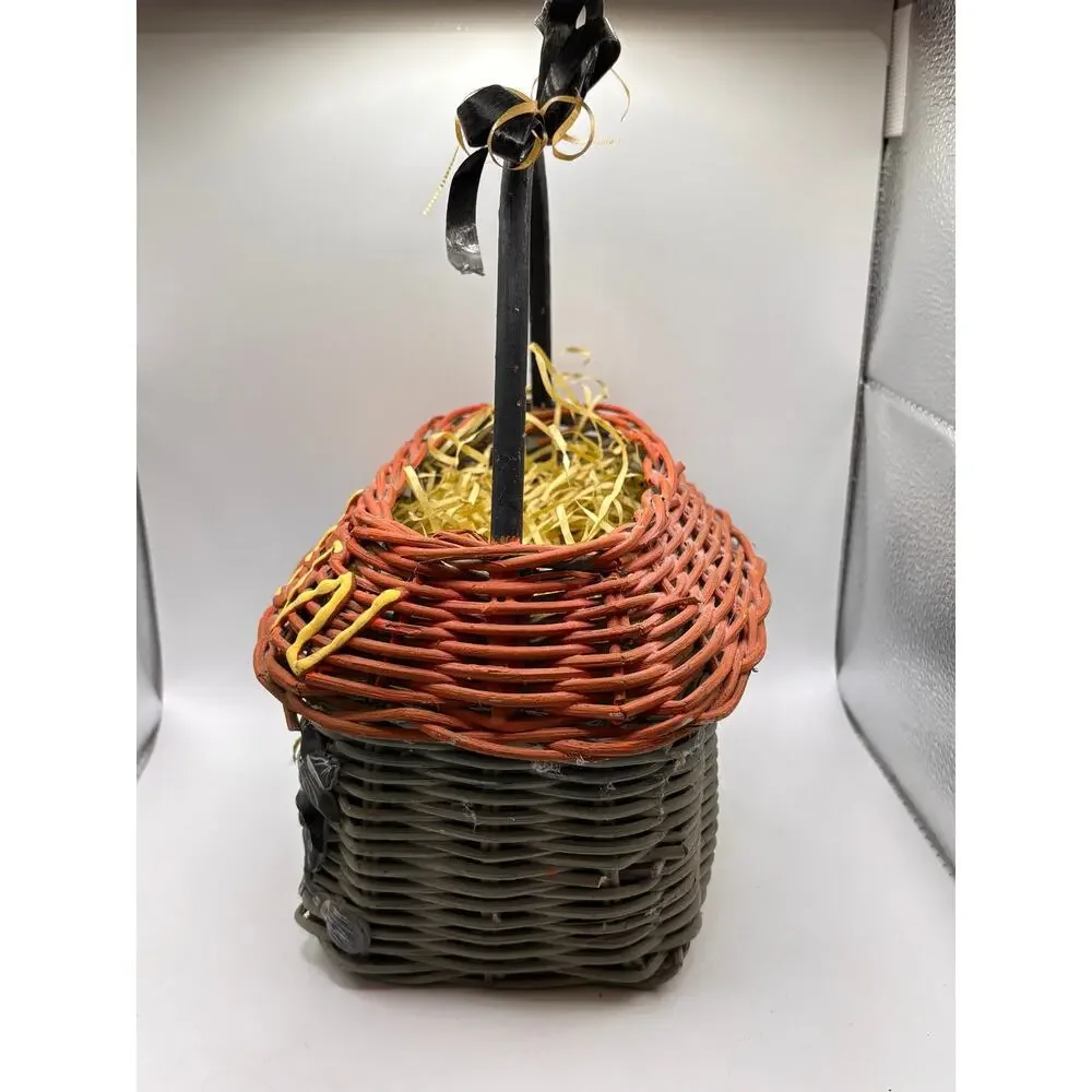 Vintage Halloween Blue & Orange Wicker Basket Handle Witch Bats 10